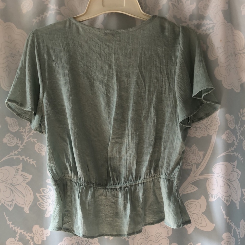 Lily White seafoam mint green top flounced sleeves peplum V-neck vintage feel - Picture 5 of 10